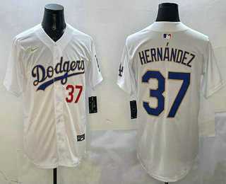 Mens Los Angeles Dodgers #37 Teoscar Hernandez Number White Gold Cool Base Stitched Jersey